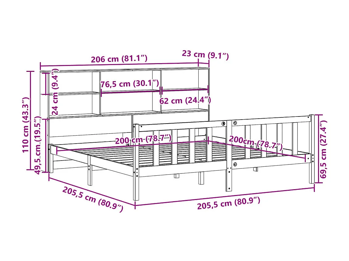 Lit bibliothèque sans matelas cire marron 200x200 cm pin massif