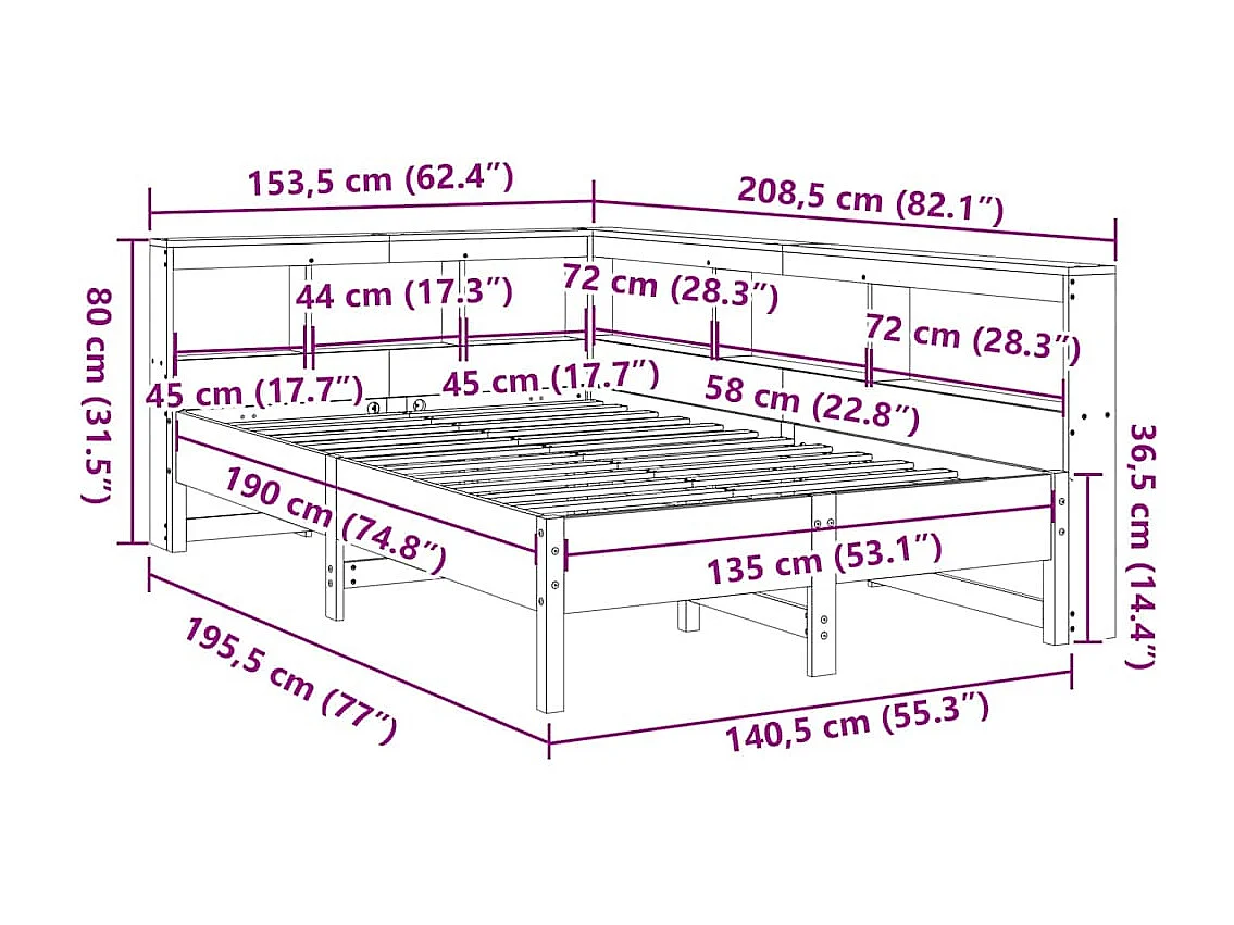 Cama con estantería sin colchón madera maciza marrón 135x190cm