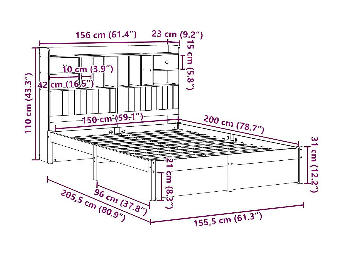 Lit bibliothèque sans matelas 150x200 cm bois massif de pin
