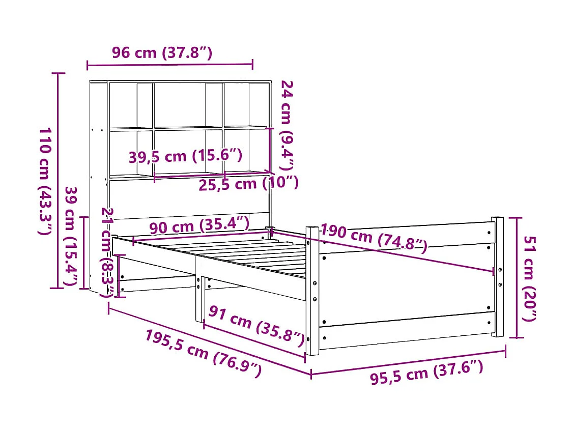 Lit bibliothèque sans matelas blanc 90x190cm bois de pin massif
