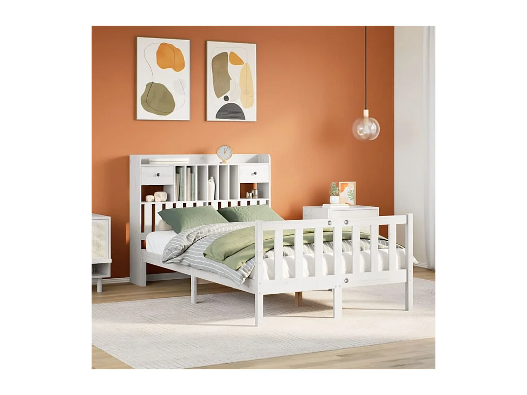 Lit bibliothèque sans matelas blanc 135x190 cm bois pin massif