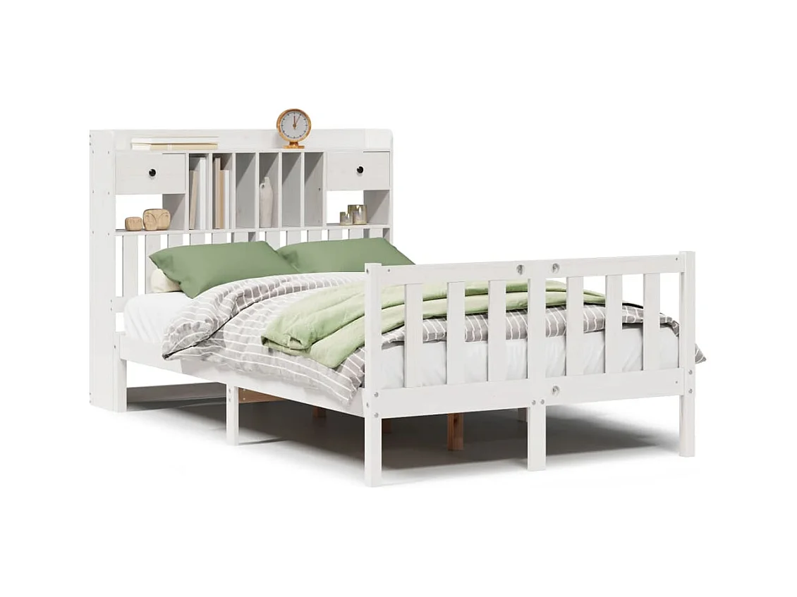 Lit bibliothèque sans matelas blanc 135x190 cm bois pin massif