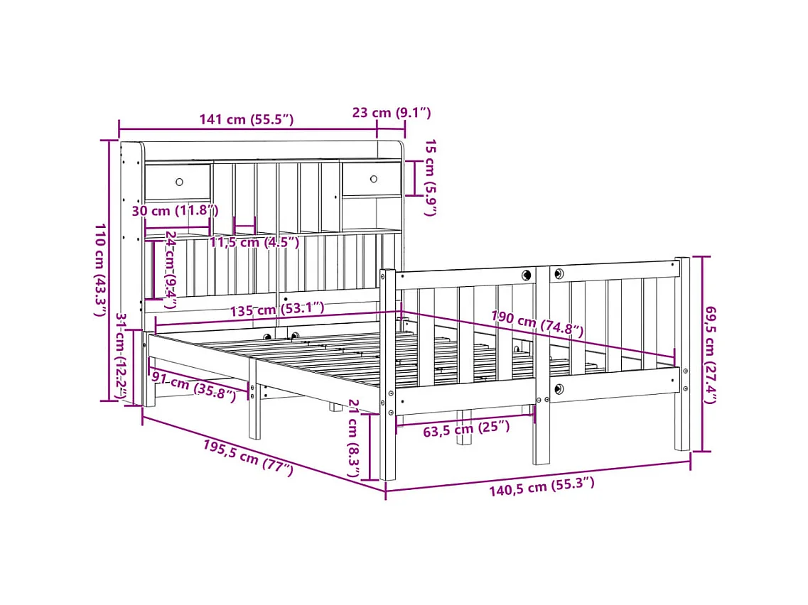 Lit bibliothèque sans matelas blanc 135x190 cm bois pin massif