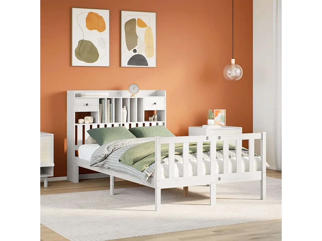 Lit bibliothèque sans matelas blanc 135x190 cm bois pin massif