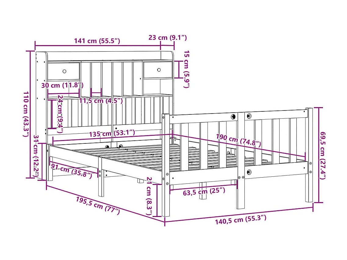 Lit bibliothèque sans matelas blanc 135x190 cm bois pin massif