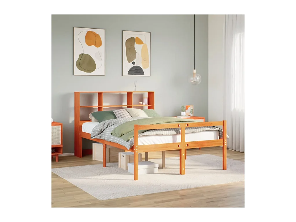 Lit bibliothèque sans matelas cire marron 160x200cm bois massif