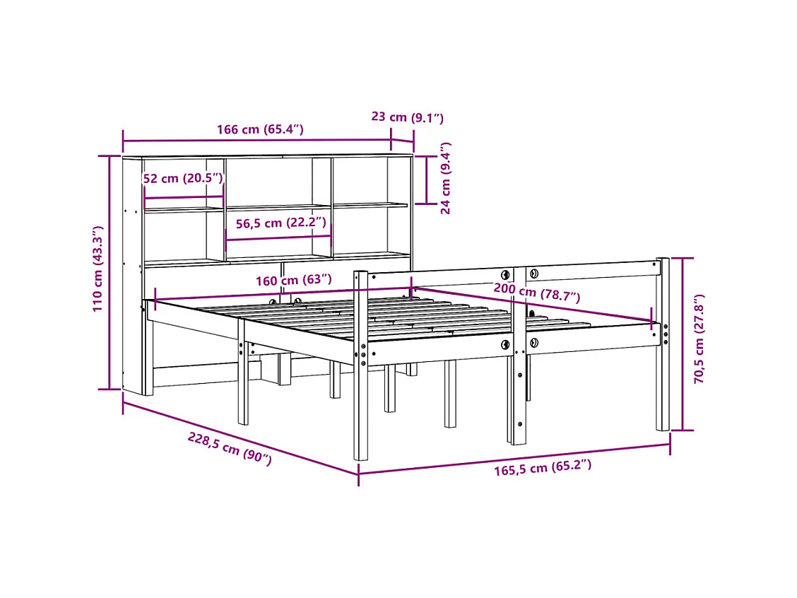 Lit bibliothèque sans matelas cire marron 160x200cm bois massif