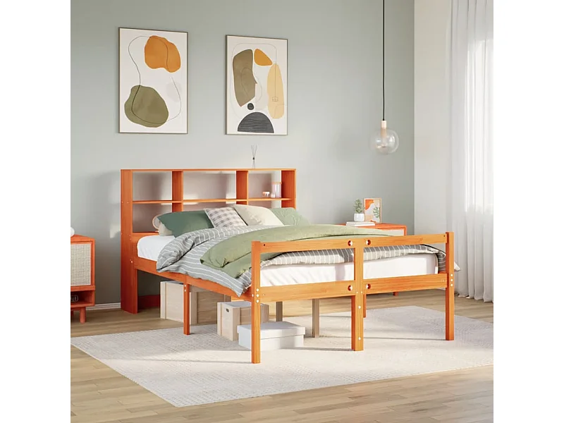 Lit bibliothèque sans matelas cire marron 160x200cm bois massif