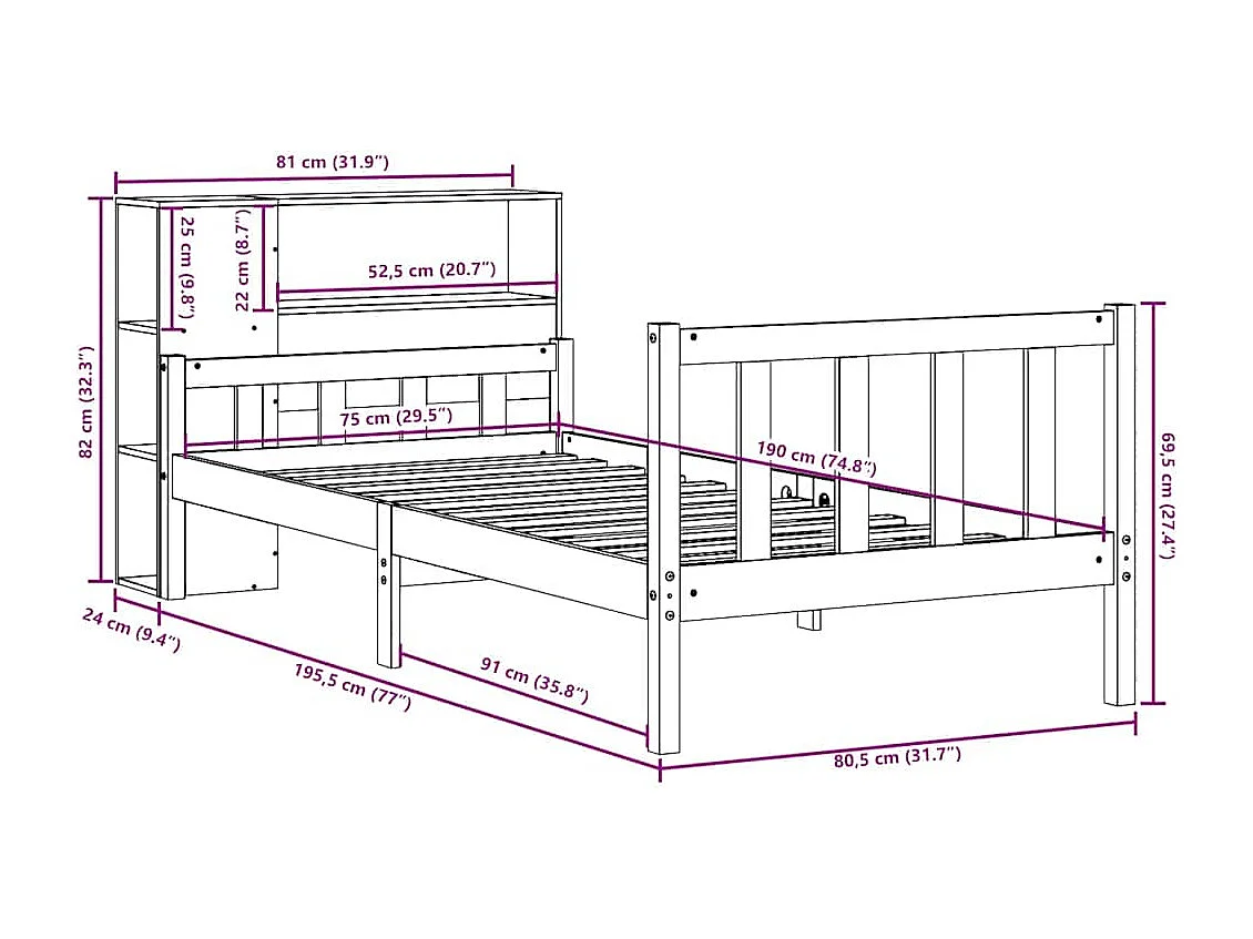 Cama com estante sem colchão 75x190 cm madeira maciça