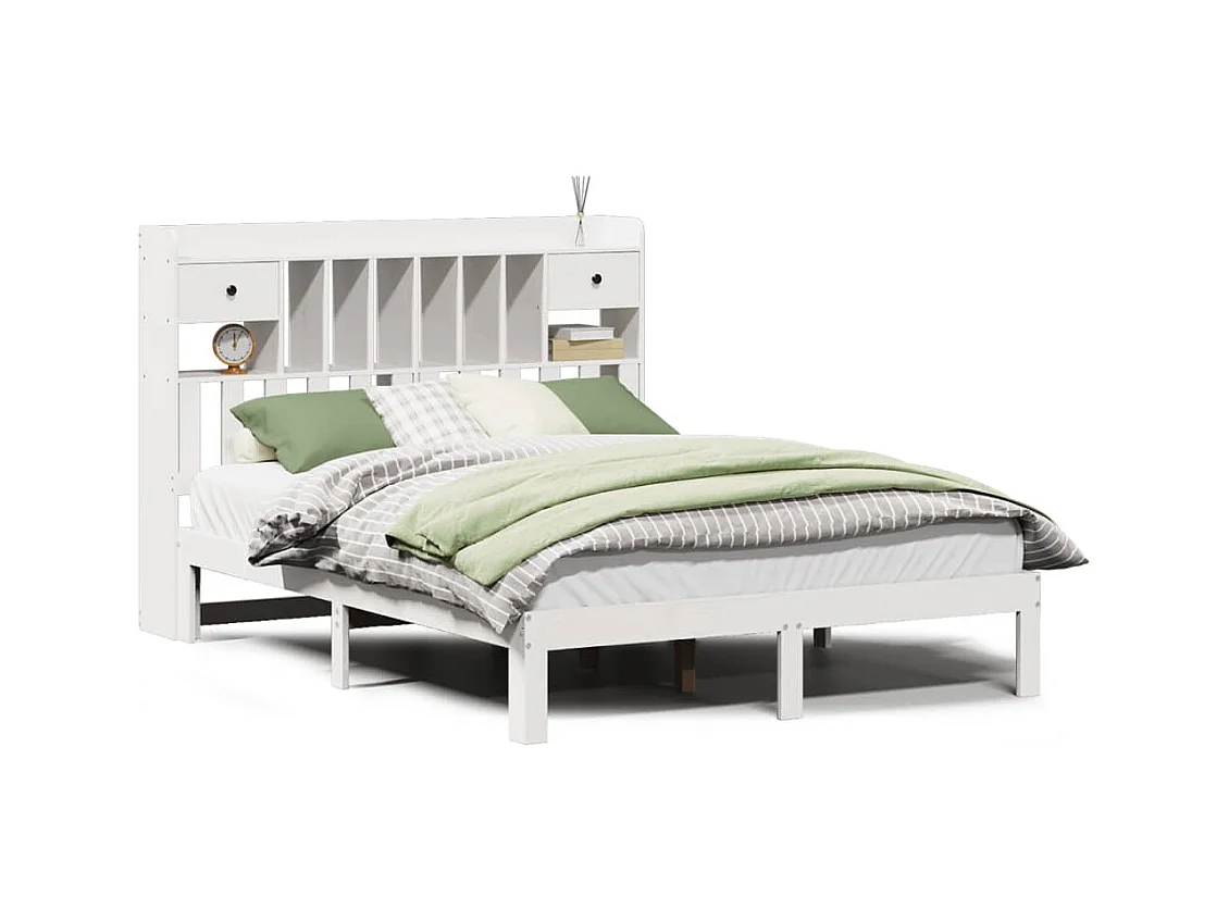 Cama con estantería sin colchón madera maciza blanca 135x190 cm
