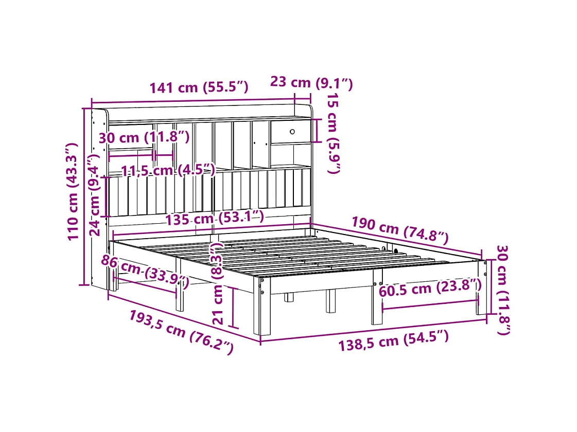 Cama con estantería sin colchón madera maciza blanca 135x190 cm