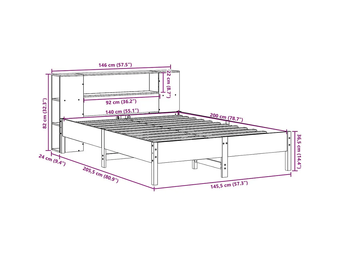 Lit bibliothèque sans matelas blanc 140x200 cm bois pin massif
