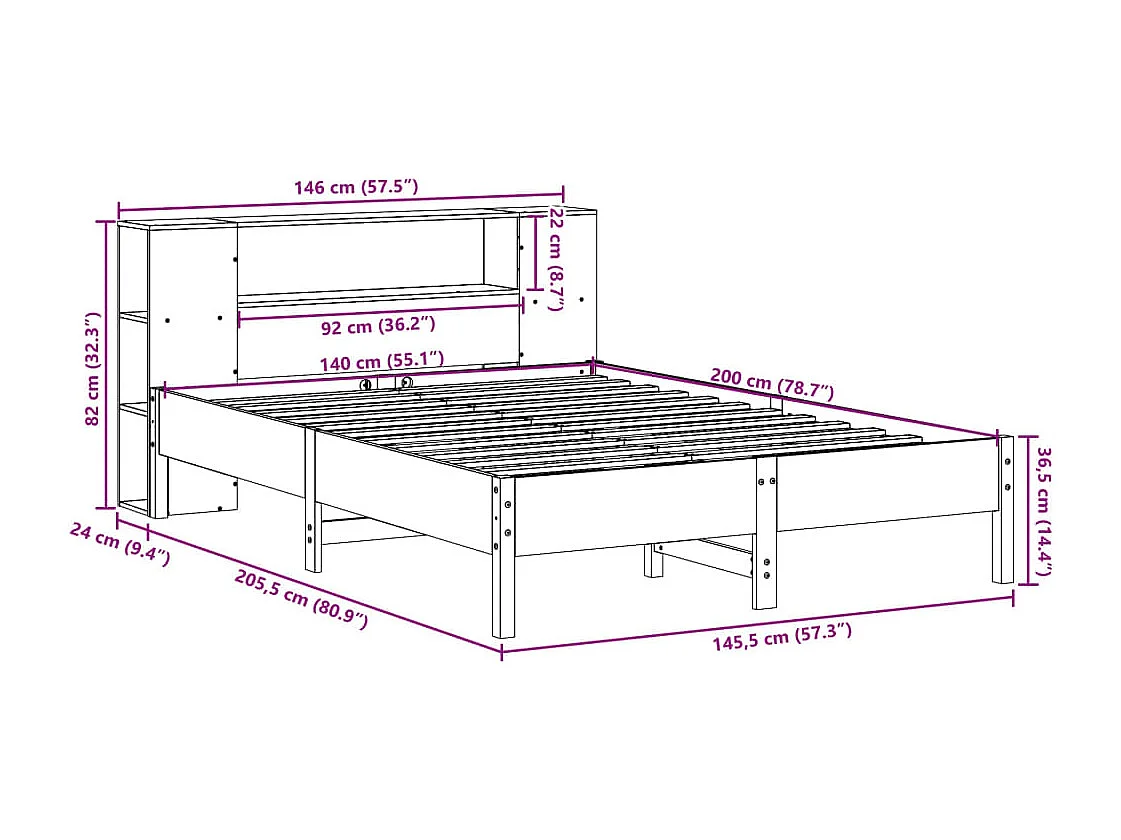 Cama con estantería sin colchón madera maciza blanca 140x200 cm