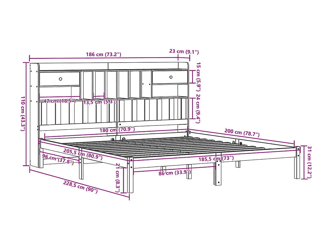 Giroletto con Libreria senza Materasso 180x200 cm in Legno Pino