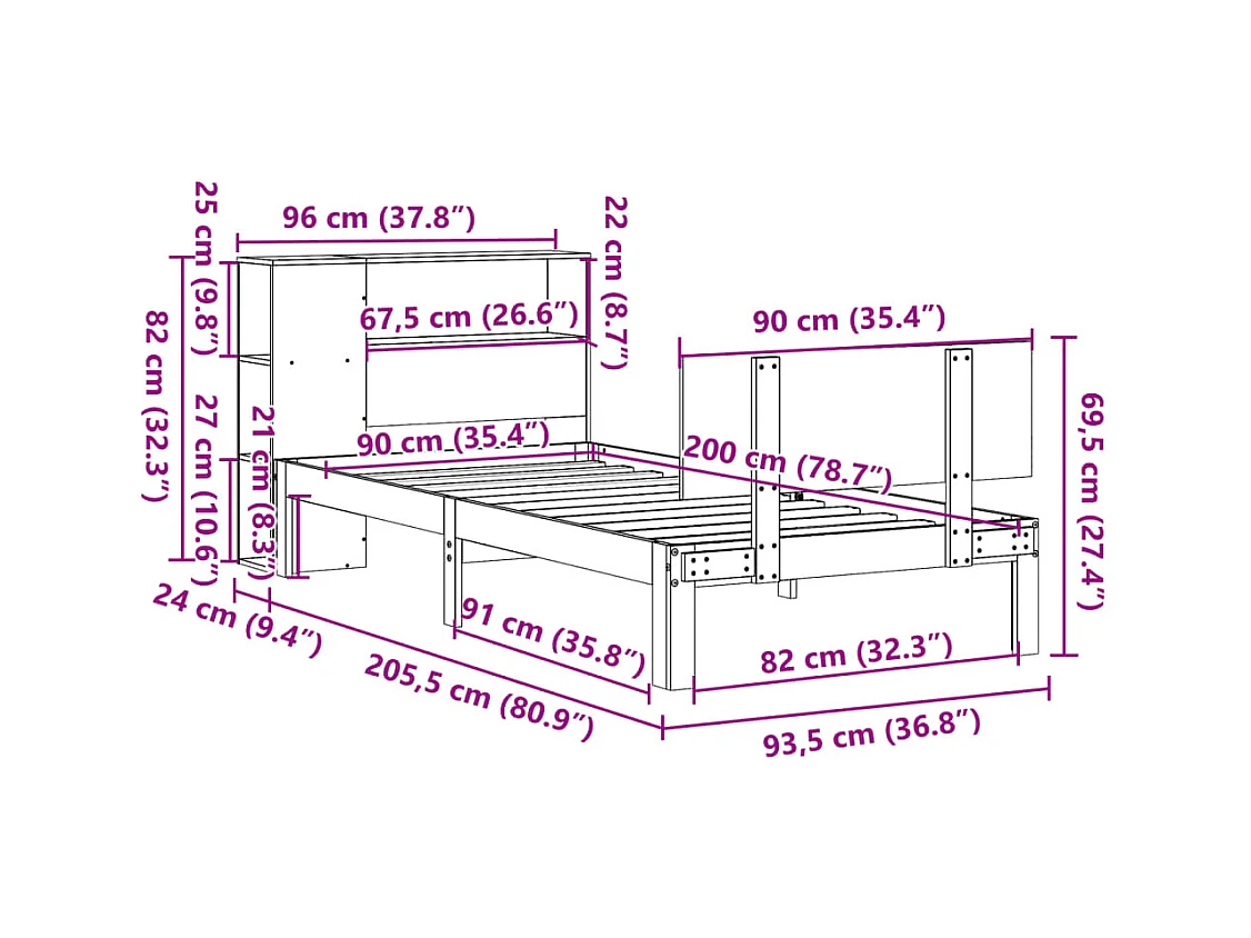 Lit bibliothèque sans matelas 90x200 cm bois de pin massif
