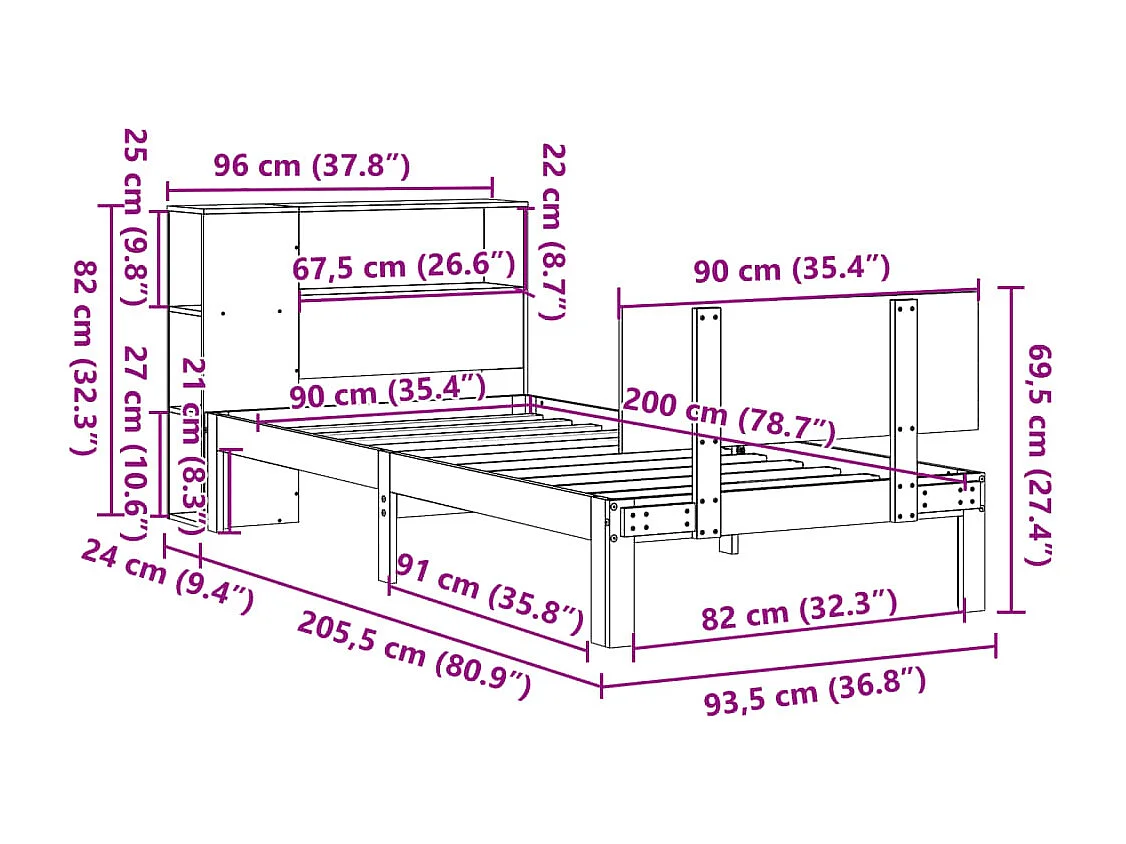 Bed met boekenkast zonder matras massief grenenhout 90x200 cm