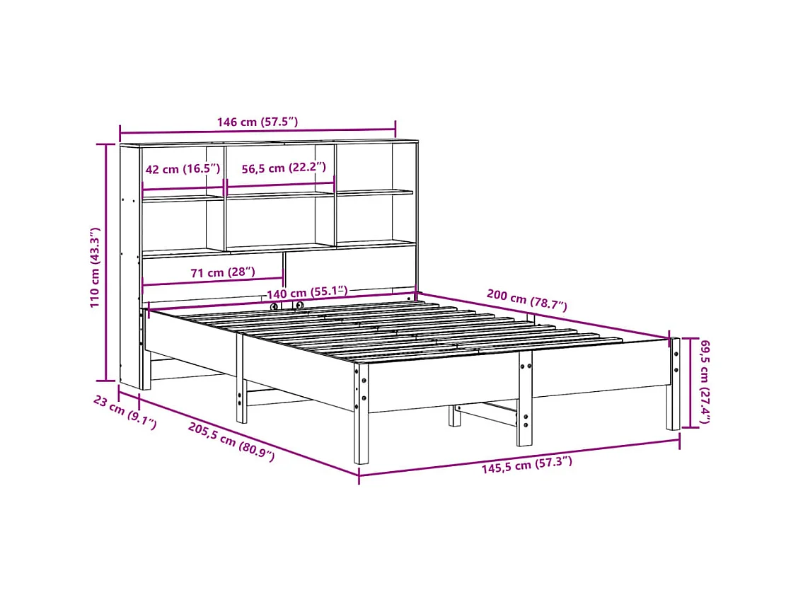 Lit bibliothèque sans matelas 140x200 cm bois massif de pin