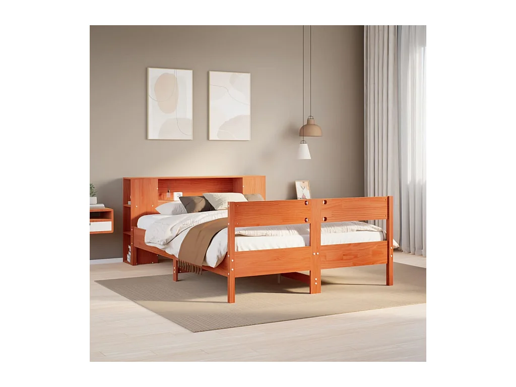 Lit bibliothèque sans matelas cire marron 140x190 cm pin massif