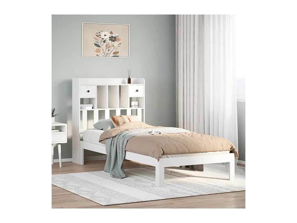 Lit bibliothèque sans matelas blanc 90x190cm bois de pin massif