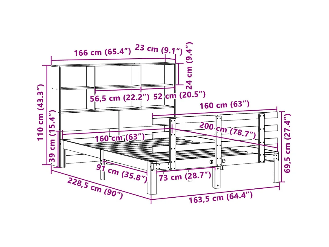 Lit bibliothèque sans matelas blanc 160x200 cm bois pin massif