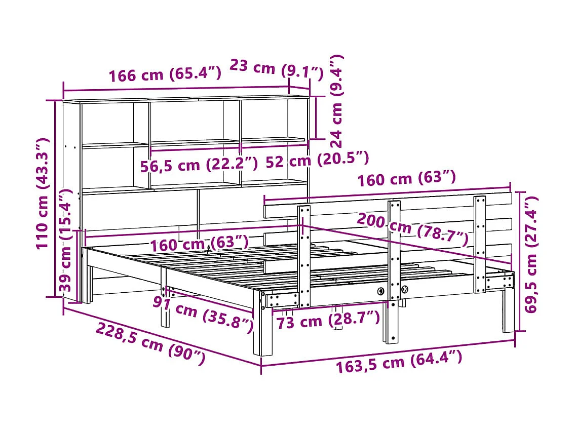 Lit bibliothèque sans matelas blanc 160x200 cm bois pin massif