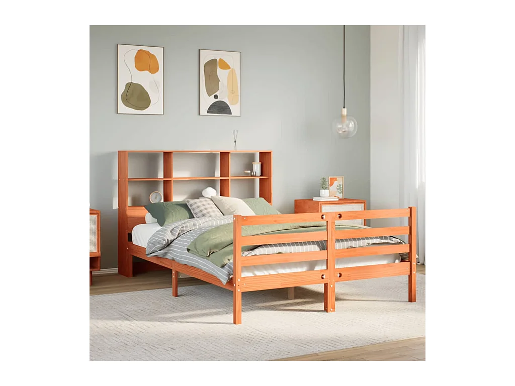 Lit bibliothèque sans matelas cire marron 120x200cm bois massif