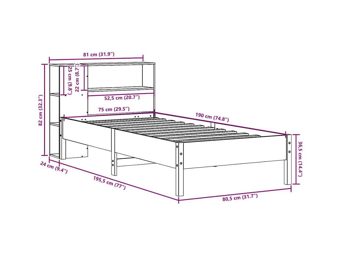 Lit bibliothèque sans matelas cire marron 75x190 cm pin massif