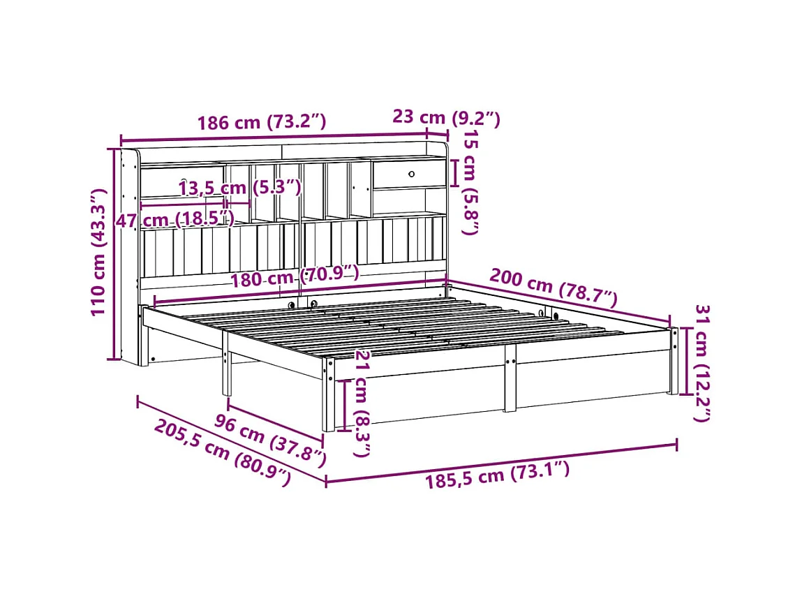 Massivholzbett mit Regal ohne Matratze Weiß 180x200 cm Kiefer