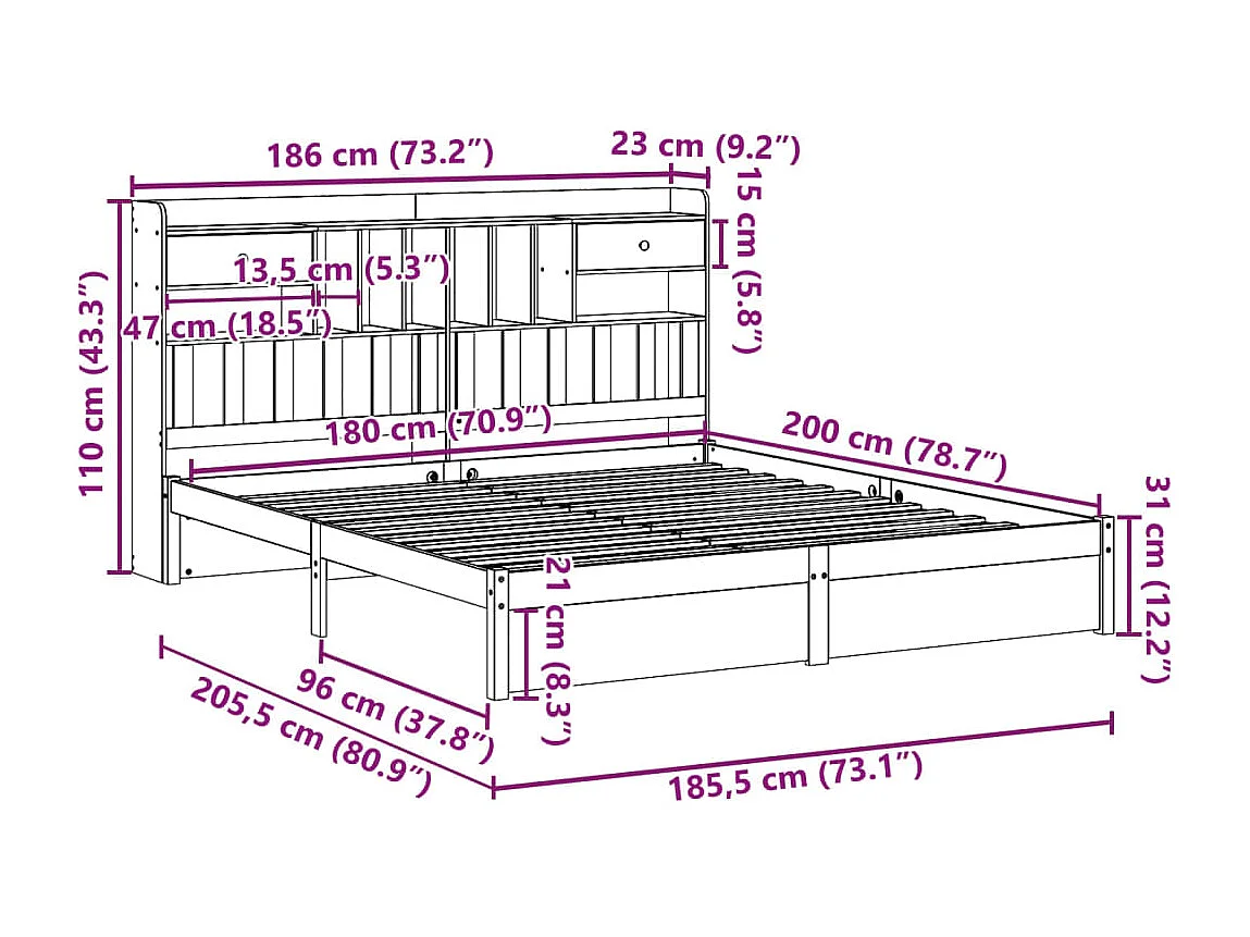 Massivholzbett mit Regal ohne Matratze Weiß 180x200 cm Kiefer