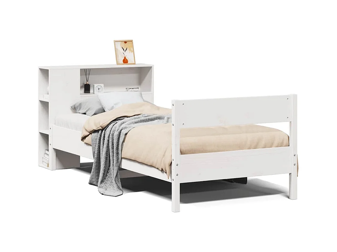 Lit bibliothèque sans matelas blanc 90x200cm bois de pin massif