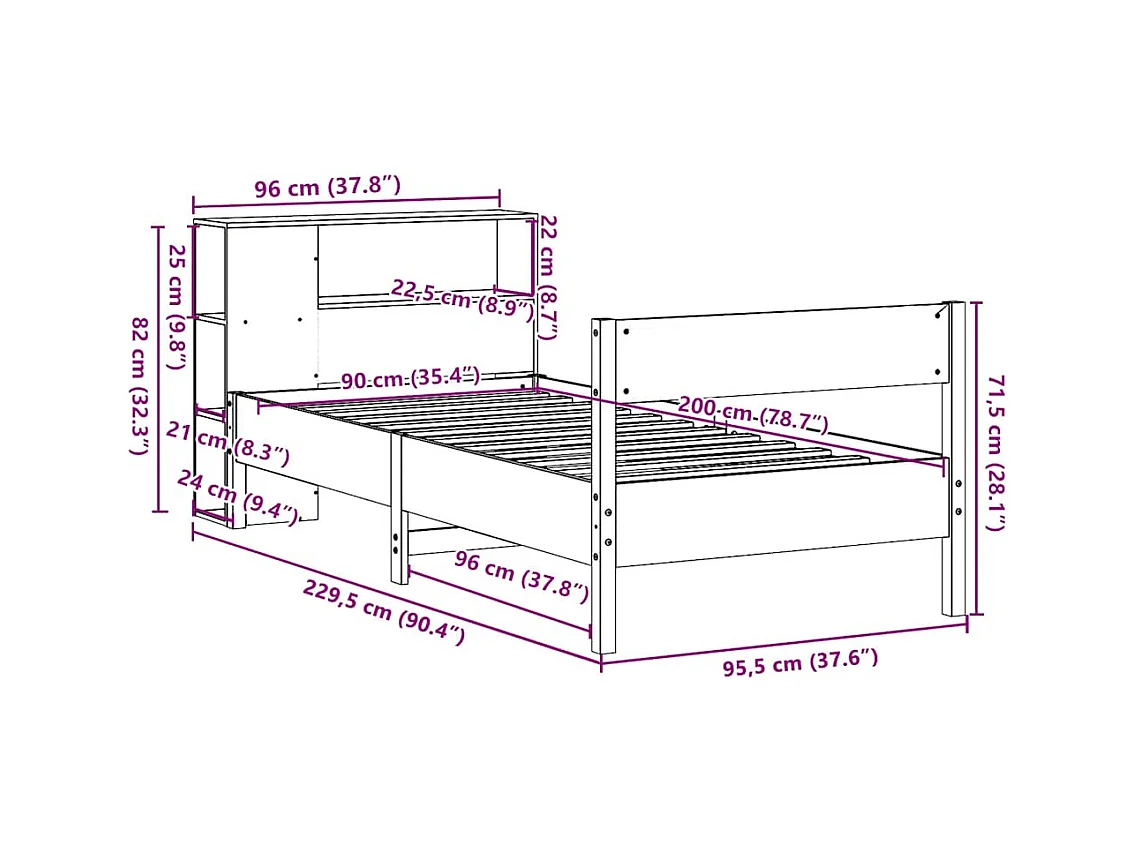 Lit bibliothèque sans matelas blanc 90x200cm bois de pin massif