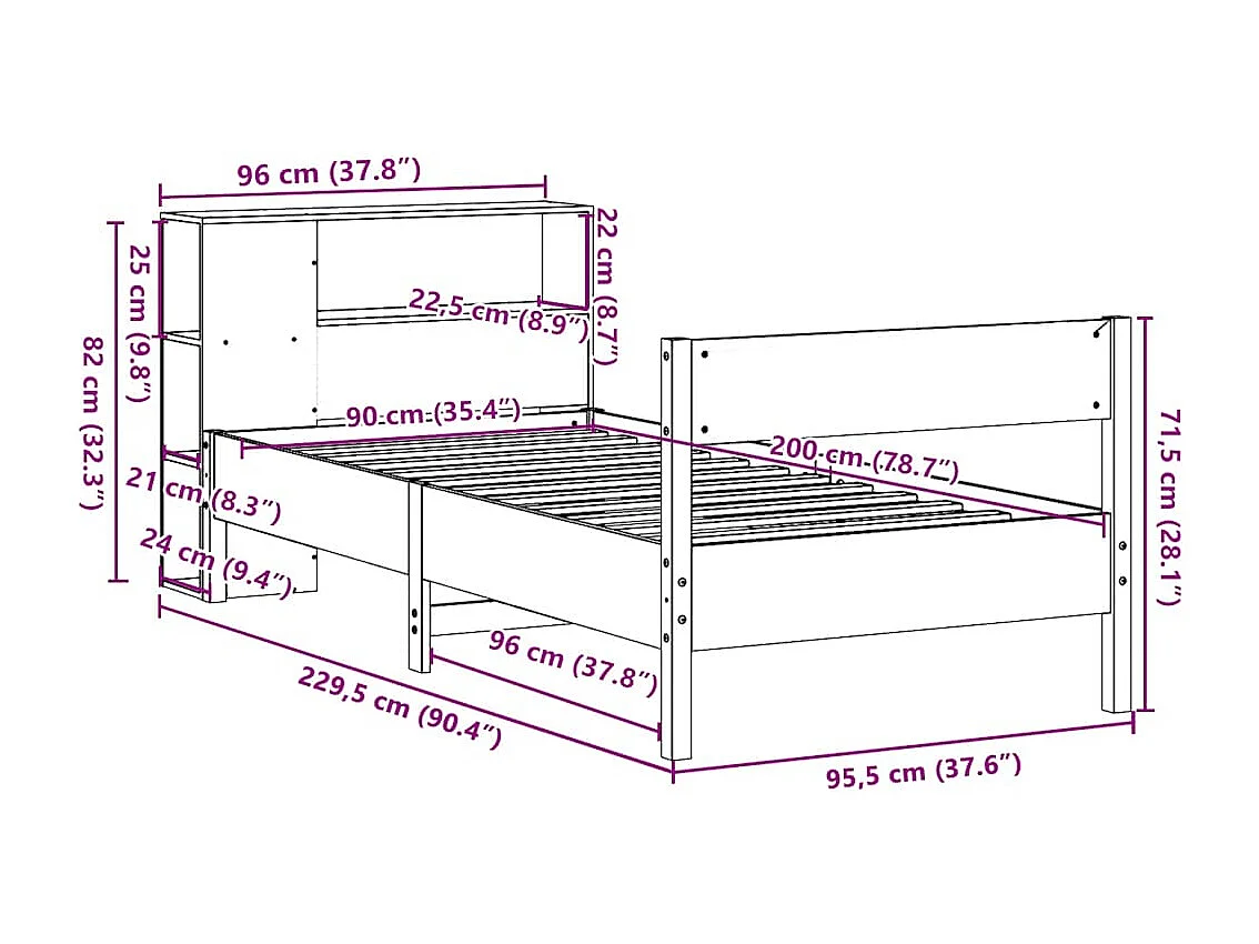 Massivholzbett mit Regal ohne Matratze Weiß 90x200 cm Kiefer