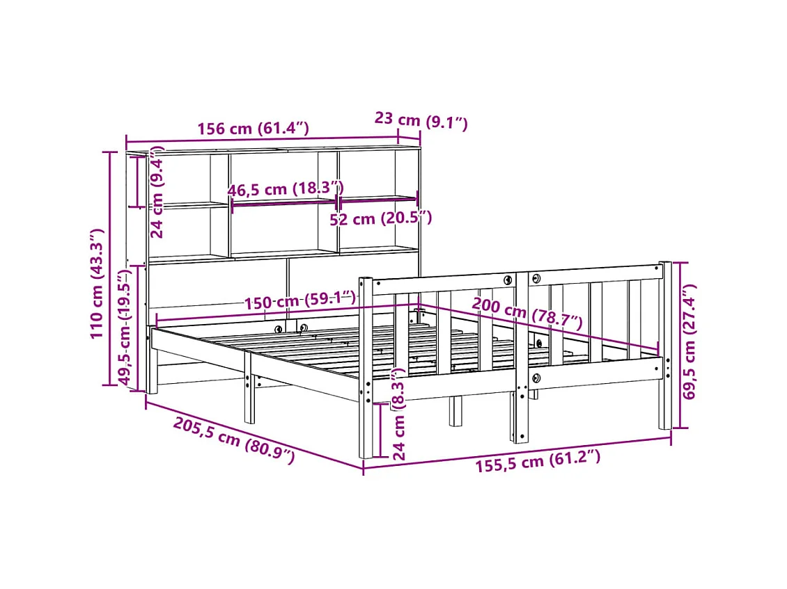 Lit bibliothèque sans matelas 150x200 cm bois massif de pin