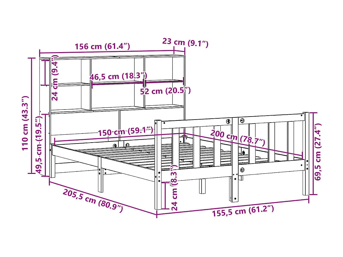 Bed met boekenkast zonder matras massief grenenhout 150x200 cm