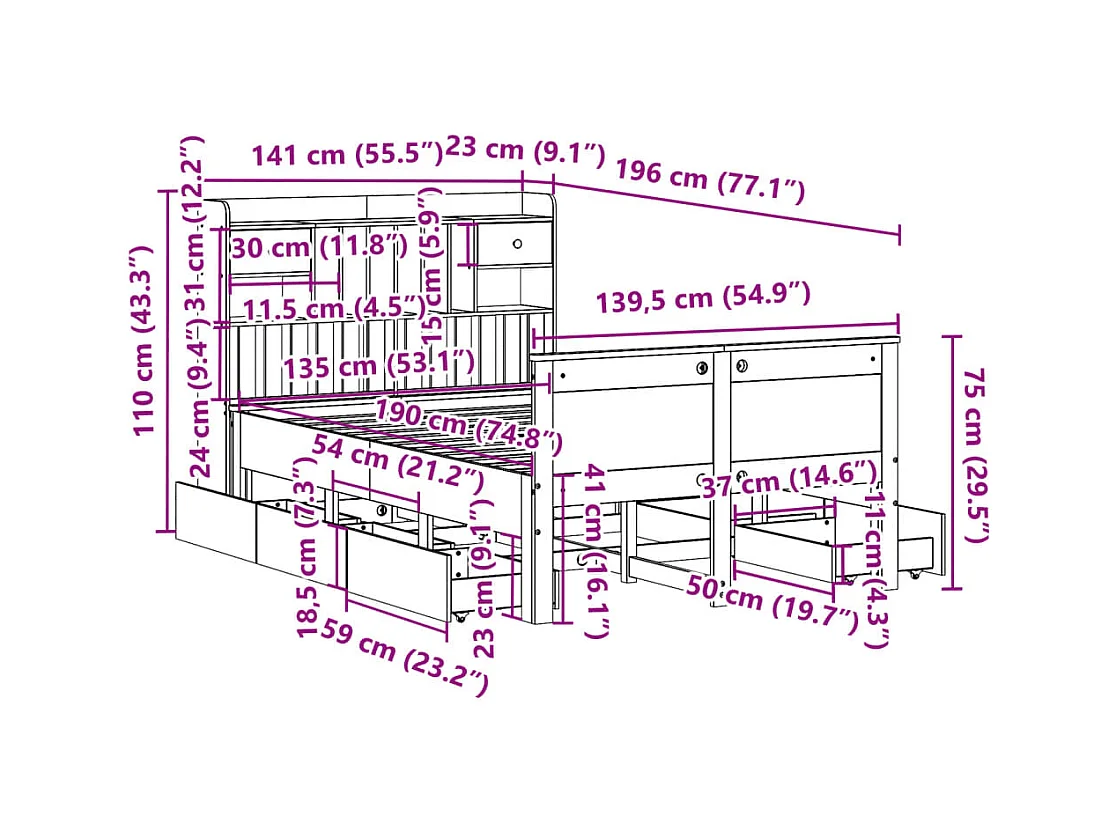Massivholzbett mit Regal ohne Matratze Weiß 135x190 cm Kiefer