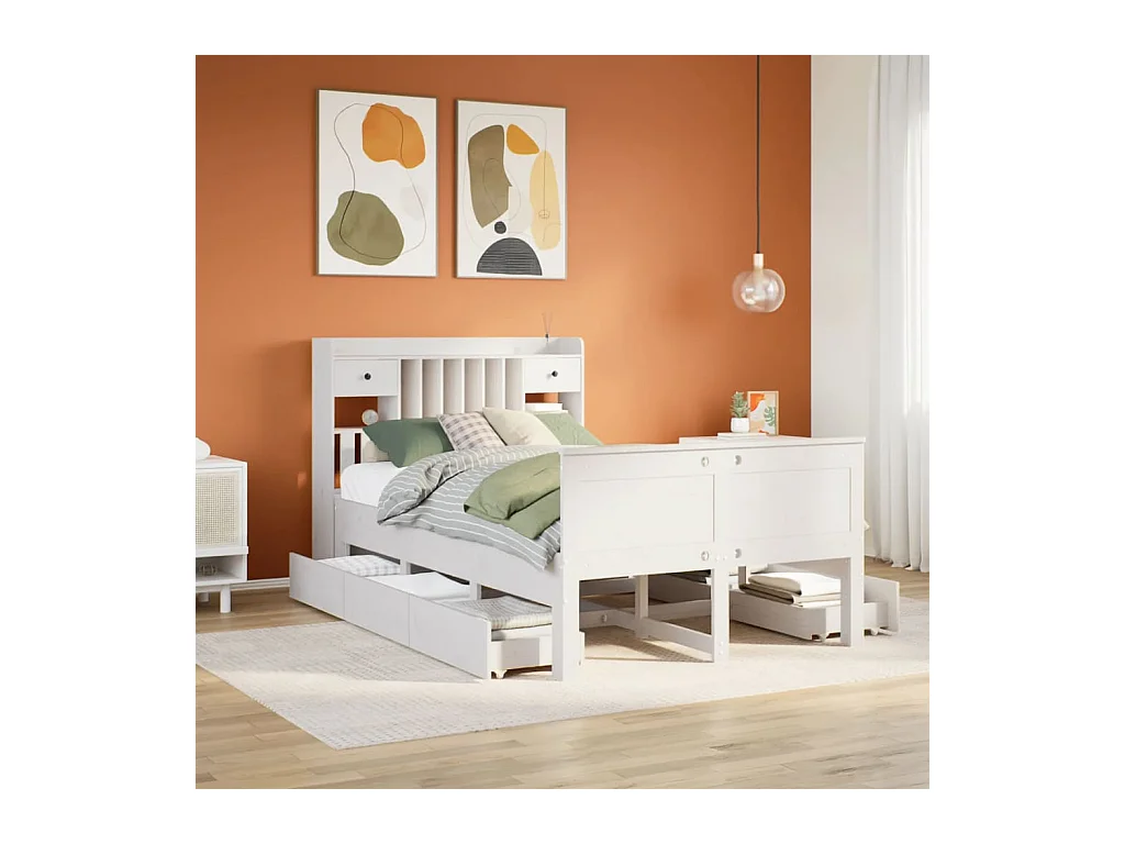 Lit bibliothèque sans matelas blanc 135x190 cm bois pin massif