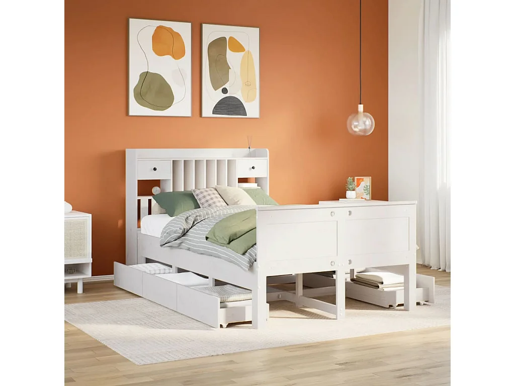 Lit bibliothèque sans matelas blanc 135x190 cm bois pin massif
