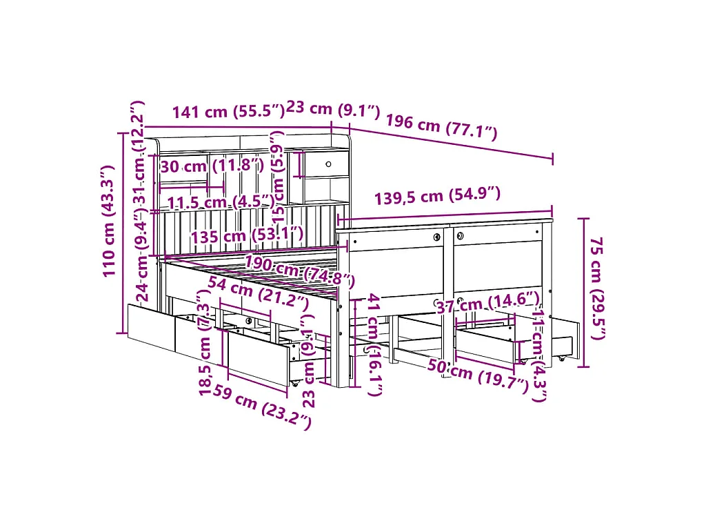 Lit bibliothèque sans matelas blanc 135x190 cm bois pin massif