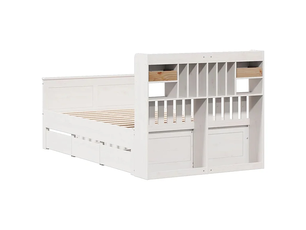 Lit bibliothèque sans matelas blanc 135x190 cm bois pin massif