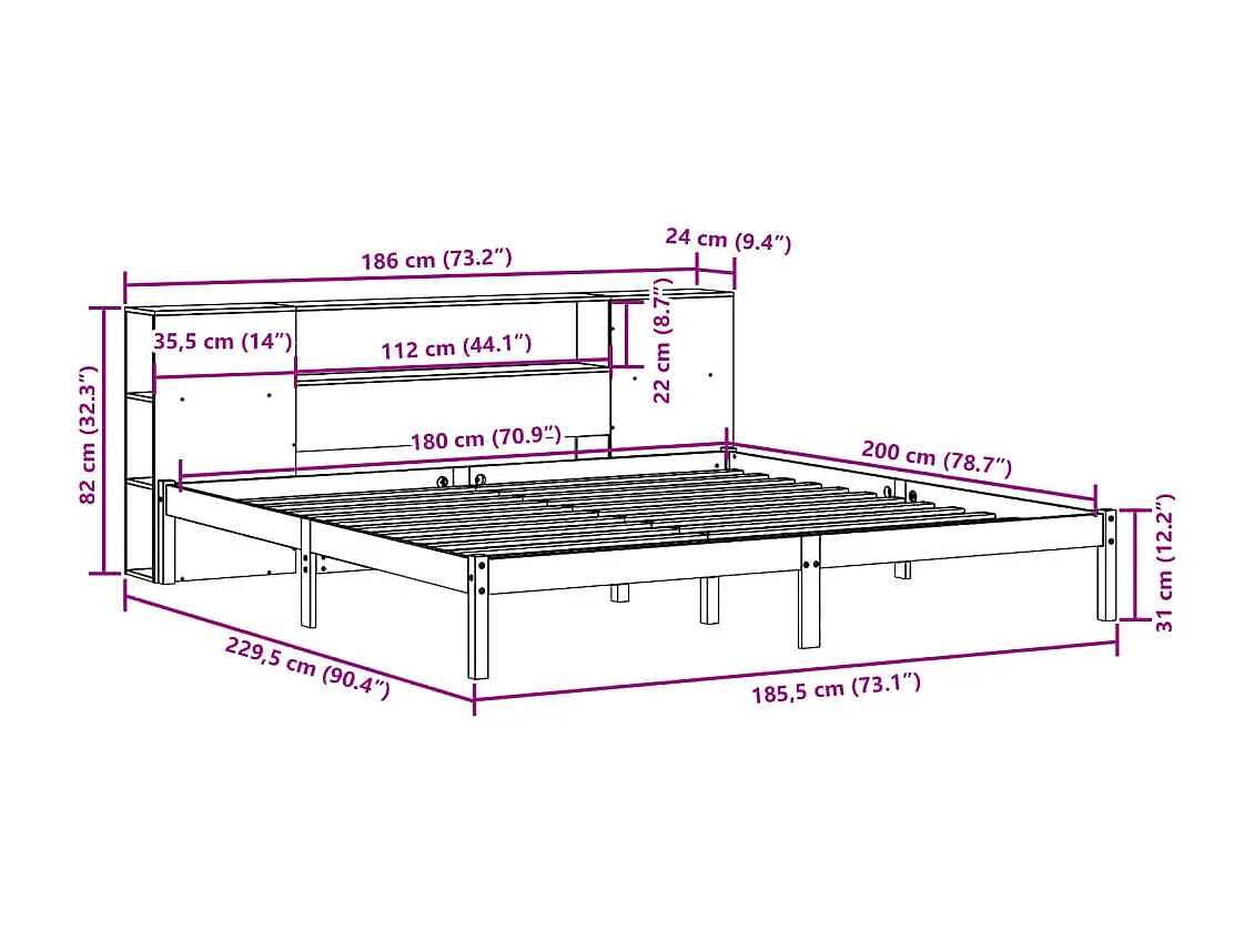 Giroletto con Libreria senza Materasso 180x200 cm in Legno Pino