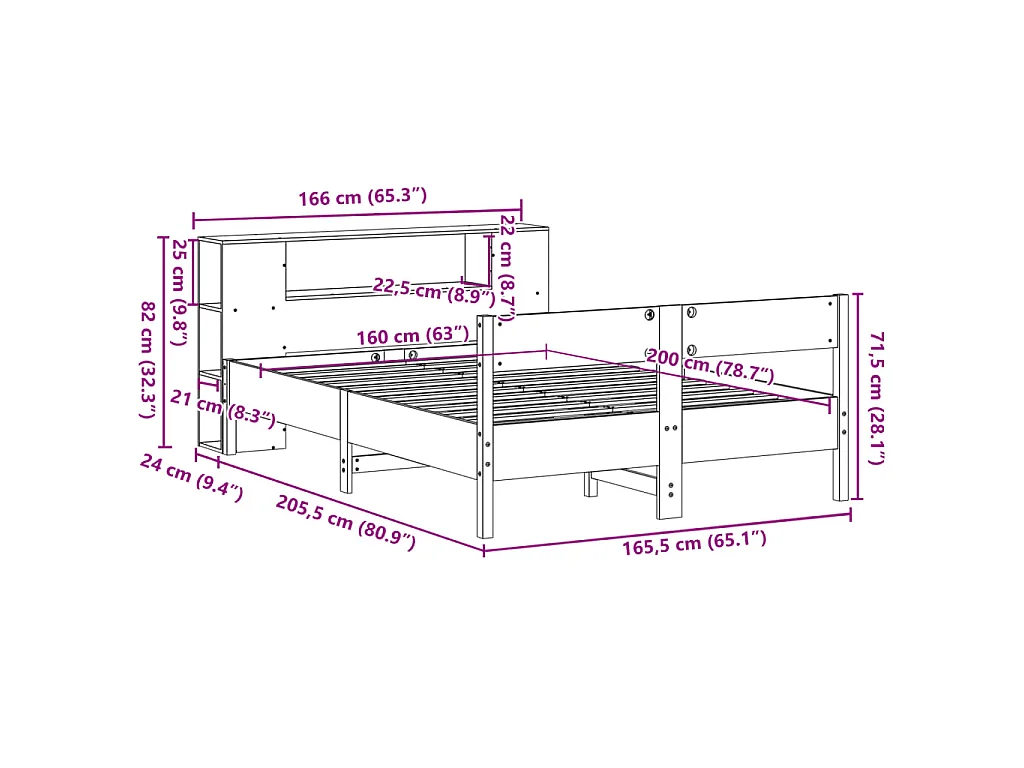 Massivholzbett mit Regal ohne Matratze Wachsbraun 160x200 cm