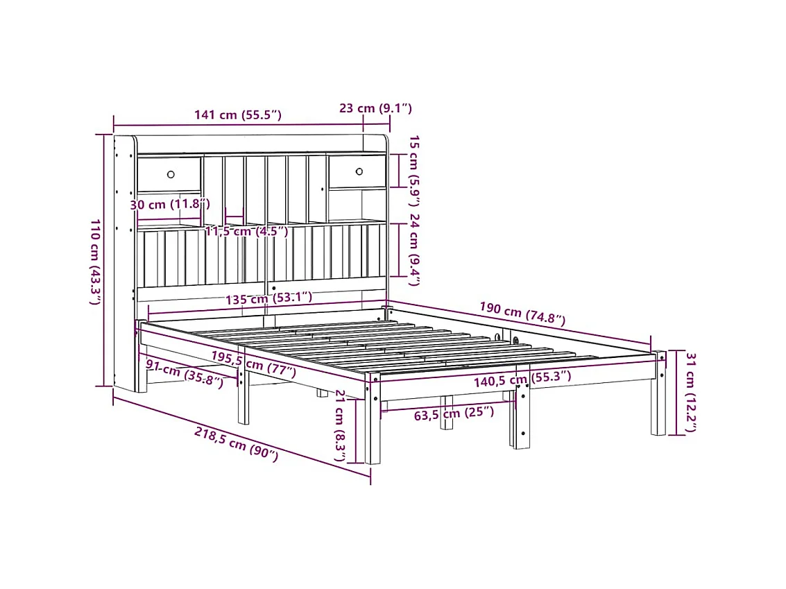 Cama com estante sem colchão 135x190 cm pinho maciço branco
