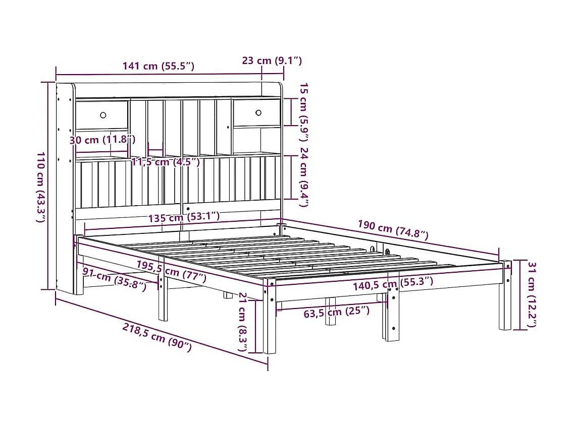 Lit bibliothèque sans matelas blanc 135x190 cm bois pin massif