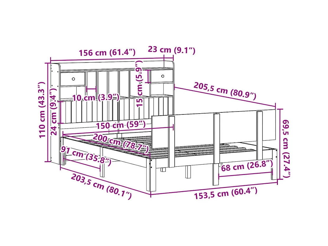 Massivholzbett mit Regal ohne Matratze Weiß 150x200 cm Kiefer
