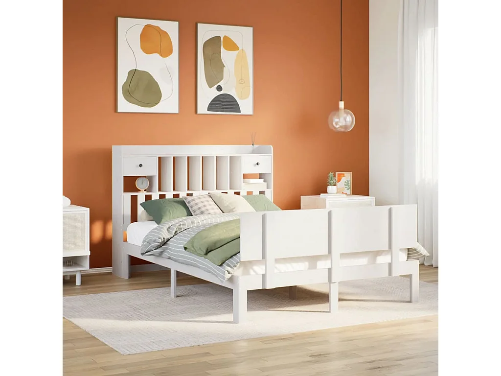 Lit bibliothèque sans matelas blanc 150x200 cm bois pin massif