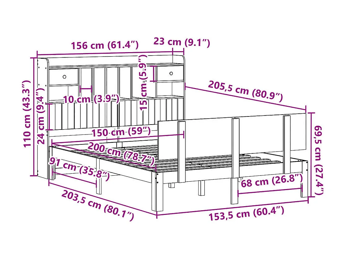 Lit bibliothèque sans matelas blanc 150x200 cm bois pin massif