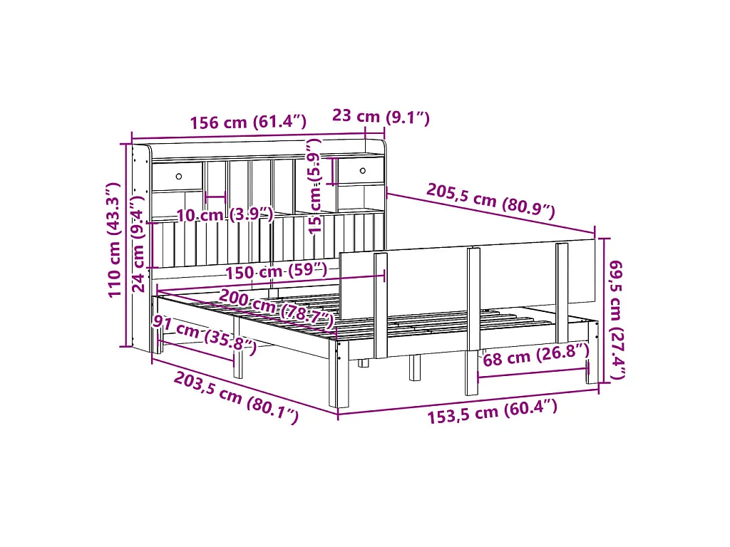 Lit bibliothèque sans matelas blanc 150x200 cm bois pin massif