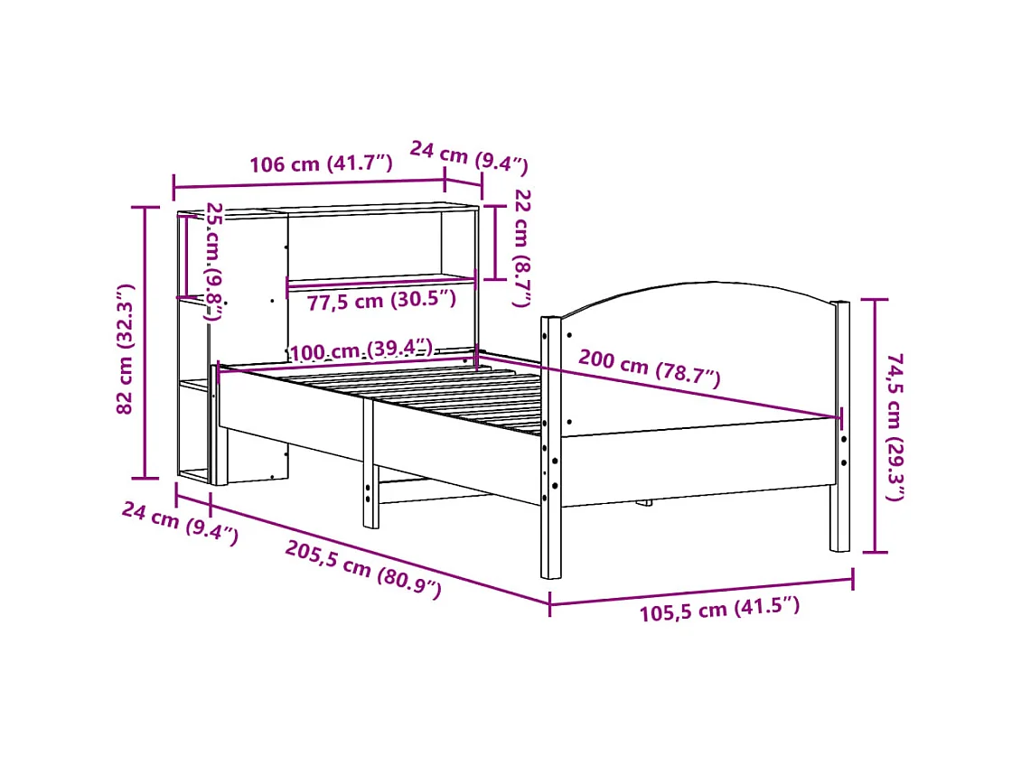Lit bibliothèque sans matelas cire marron 100x200 cm pin massif