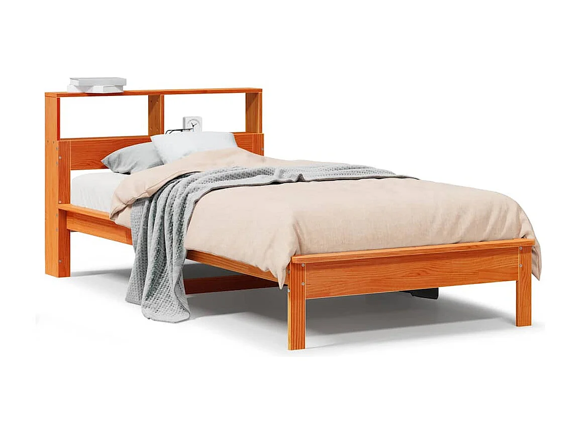 Bed met boekenkast zonder matras grenenhout wasbruin 75x190 cm
