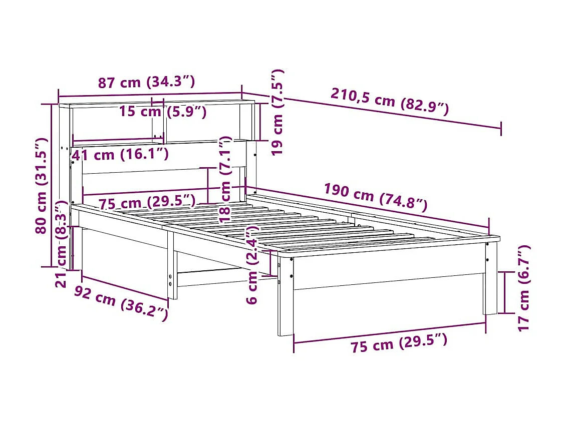Bed met boekenkast zonder matras grenenhout wasbruin 75x190 cm